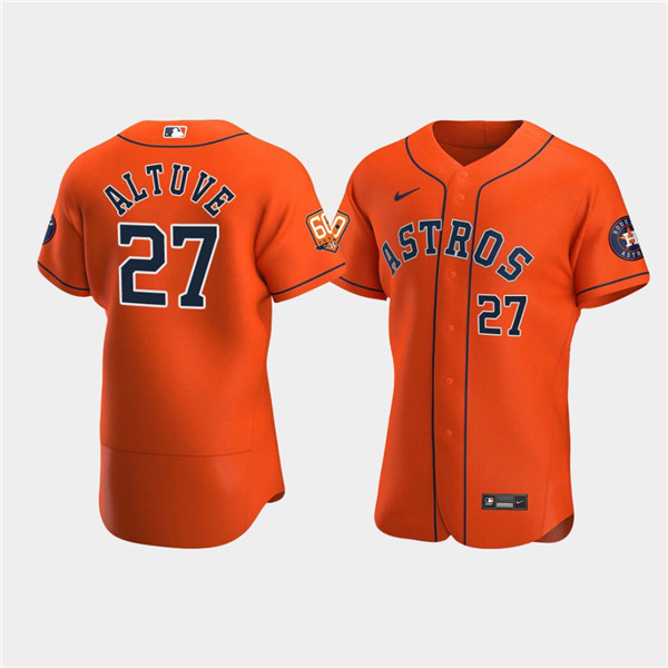 Men's Houston Astros #27 Jose Altuve Orange 60th Anniversary Flex Base Stitched Baseball Jersey - Click Image to Close